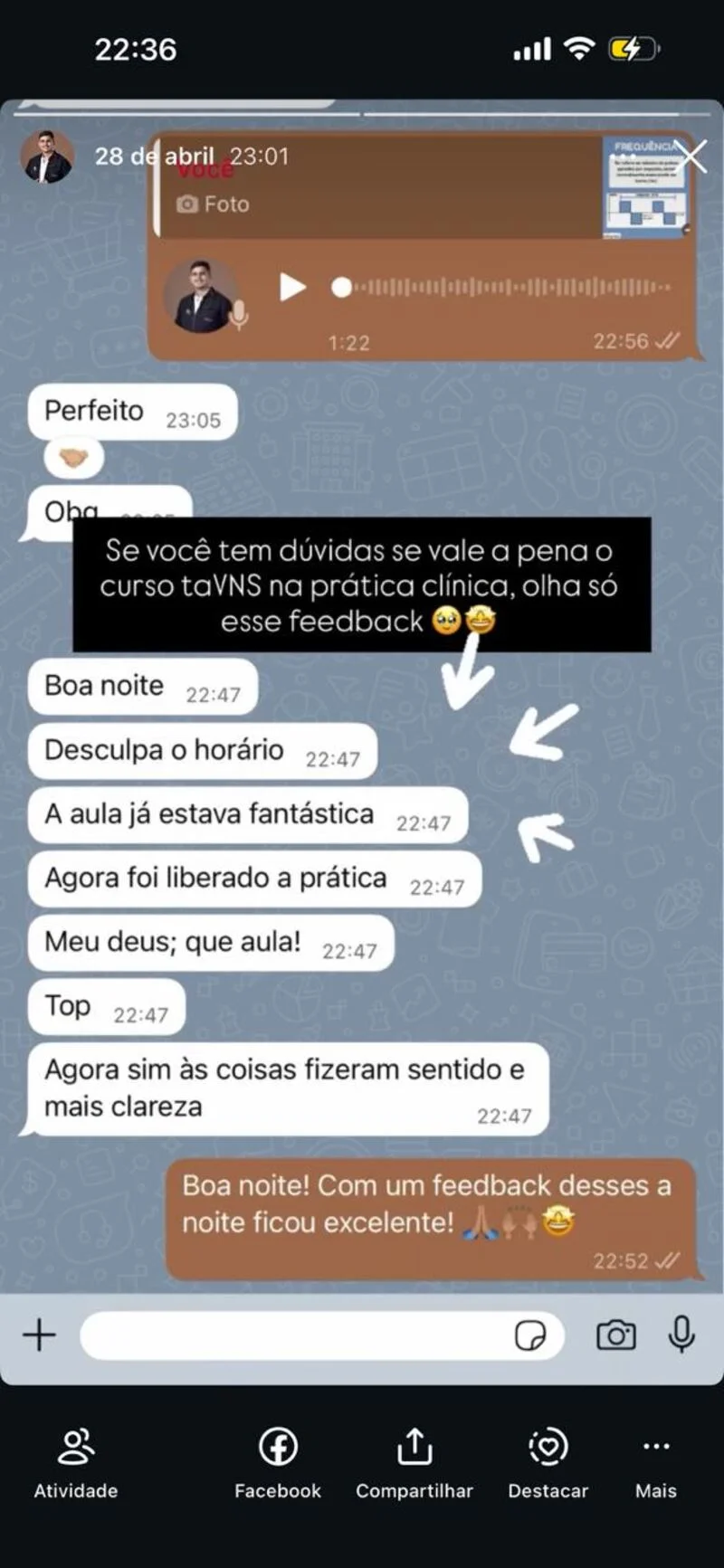 Feedback de aluna após assistir à aula prática do curso taVNS