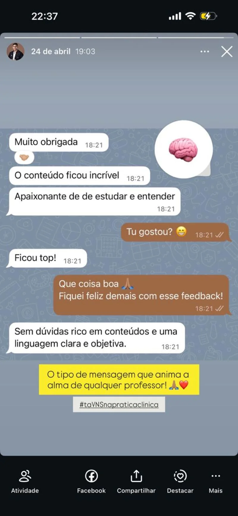 Aluna elogia o conteúdo claro e objetivo do curso taVNS