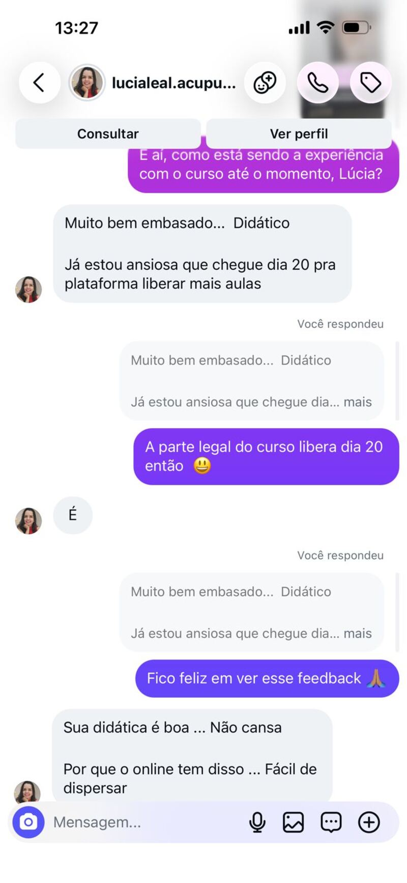 Aluna comenta a didática e o embasamento do curso taVNS no Instagram