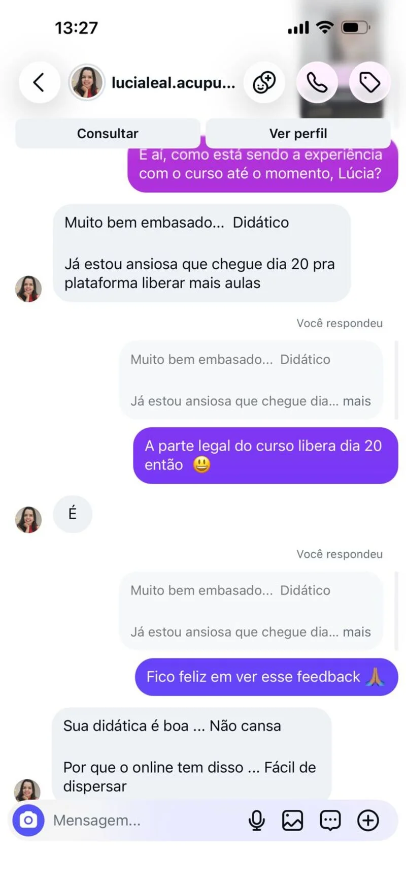 Aluna comenta a didática e o embasamento do curso taVNS no Instagram
