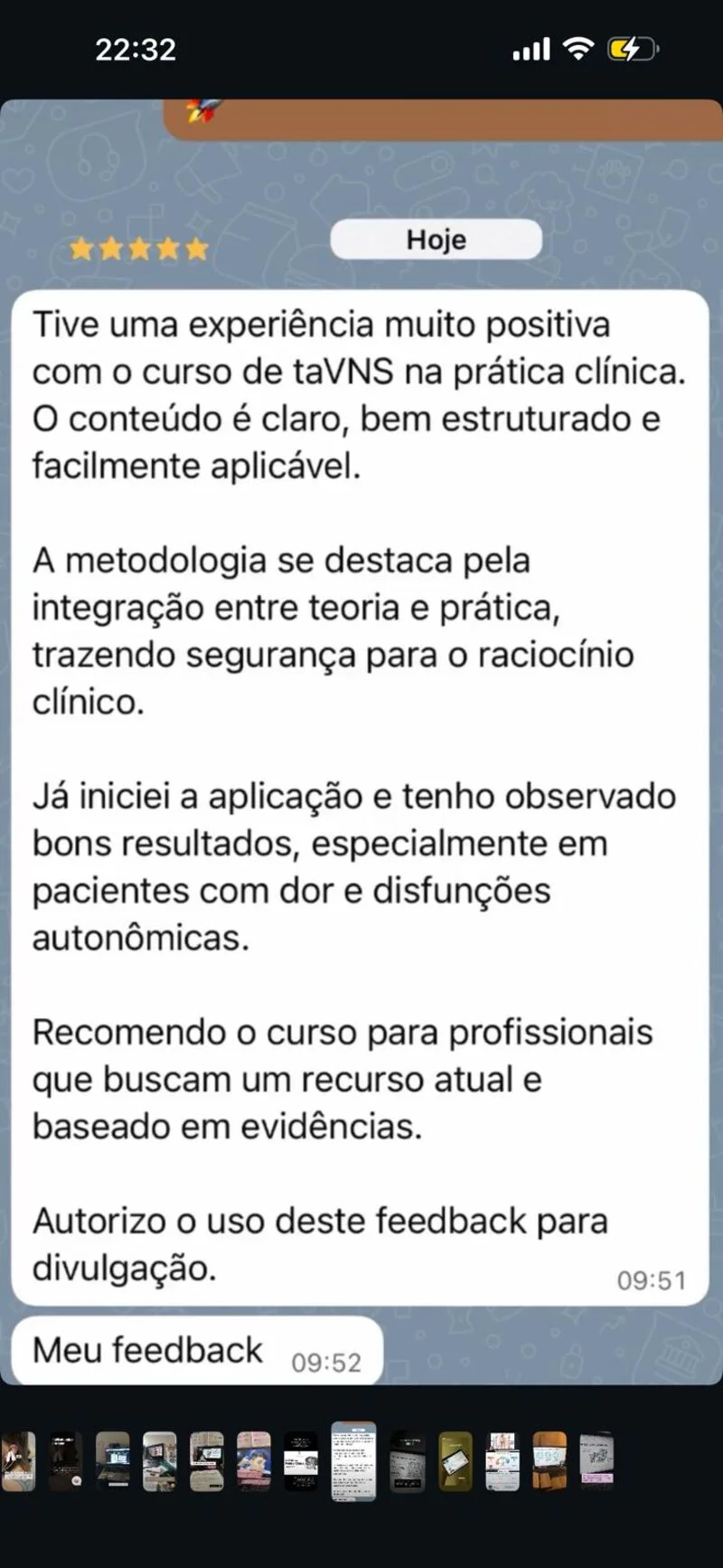 Avaliação 5 estrelas de aluna sobre o curso taVNS na prática clínica